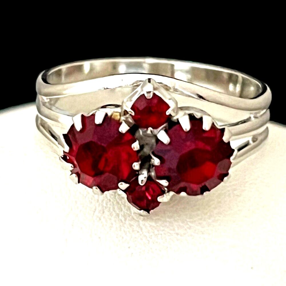 Vintage 1960s Cocktail Ring Red Prong Set Rhinestones Mid Century Modern - 4J